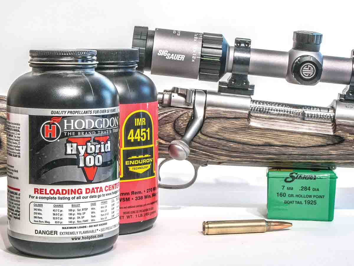 Hodgdon Hybrid 100V and IMR-4451 Enduron were used to develop the accompanying 7mm JRS handloads. These powders were not available when John Sundra designed the cartridge decades ago.
